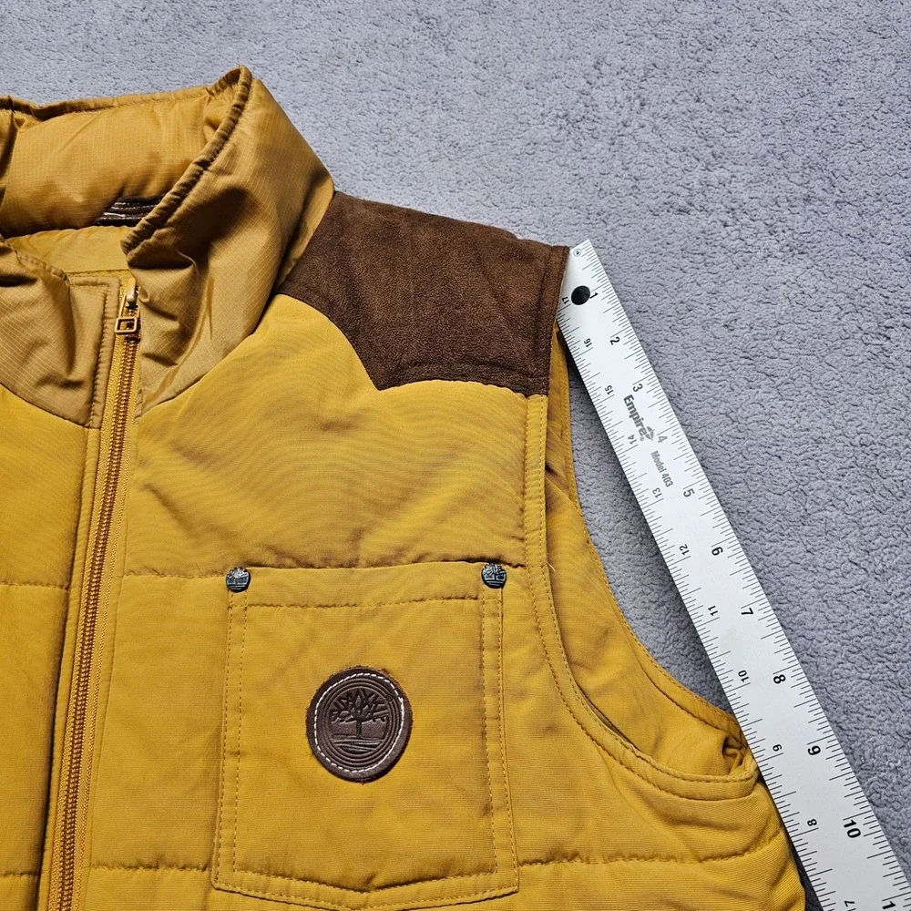 Timberland Hooded Puffer Vest Mens XL Gold Brown Fleece Trim Full Zip‎ Outdoor